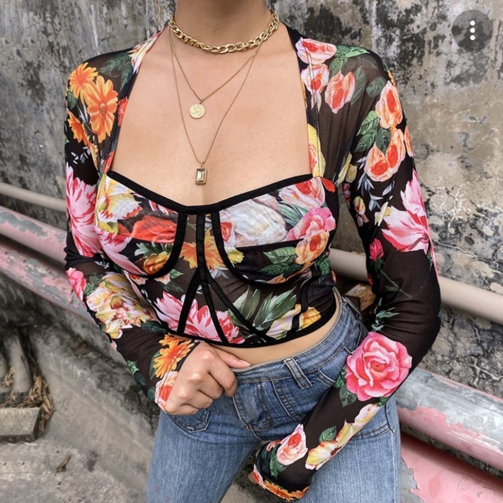 $10🍁Black Pink Floral Long Sleeve Mesh Corset Crop Top Size Medium